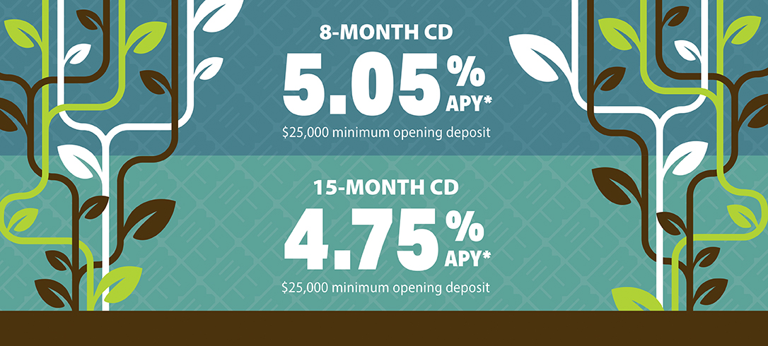 8-Month CD 5.05% APY. 15-Month CD 4.75% APY. $25,000 minimum opening deposit required.